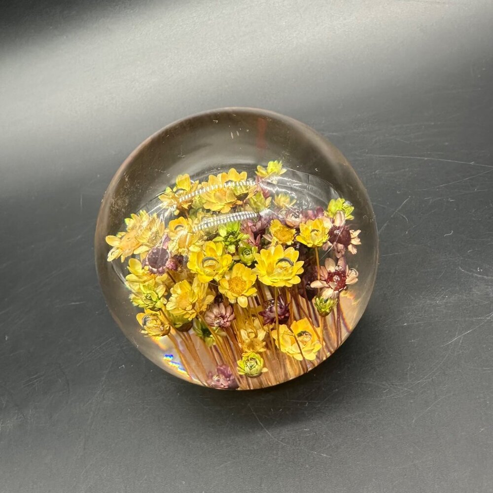Vintage Floral Lucite Paperweight Dried Flowers 1970s Decor Yellow Purple Round